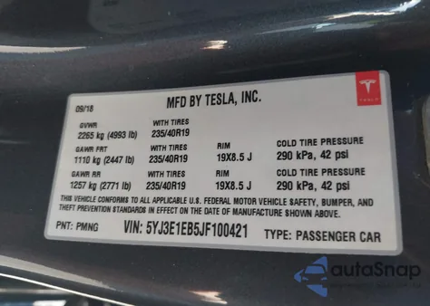 2018 Tesla Model 3 Long Range/Performance из США, поврежденный, VIN 5YJ3E1EB5JF100421